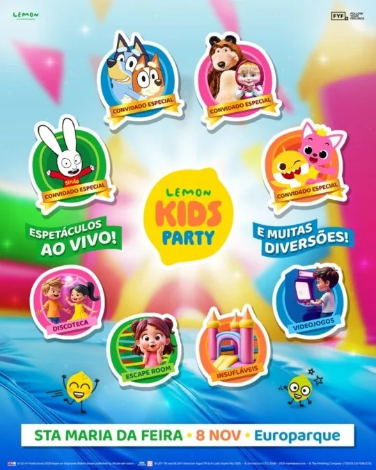 BLUEY, MASHA E O URSO, BABY SHARK E COELHO SIMÃO ESTÃO DE REGRESSO À SEGUNDA EDIÇÃO DO LEMON KIDS PARTY! | A diversão para toda a família chega a Santa Maria da Feira