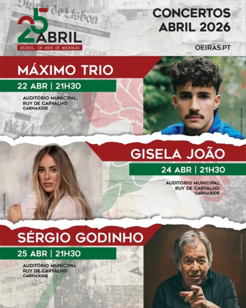 Concertos de Abril 2026 – Máximo Trio, Gisela João e Sérgio Godinho | Oeiras